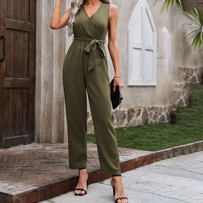 Elegant Sleeveless Jumpsuit with Cross Collar and Waistline Lace-up Design