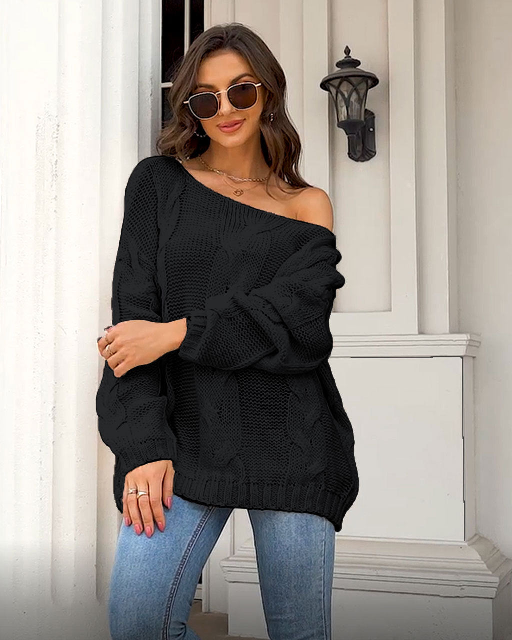 Cable-knit Oversized Sweater - Off-neck Loose-fitting Pullover