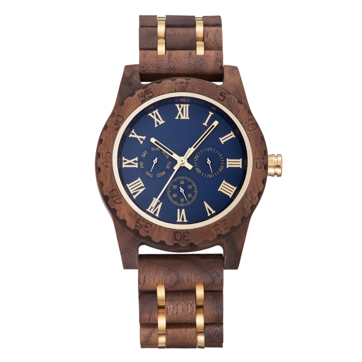 Retro Men's Quartz Watch - Walnut Gold Multi-functional Design