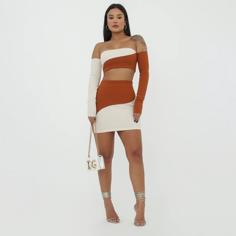 Off-Shoulder Skirt Set Women in Contrast Colors – Sheath Design