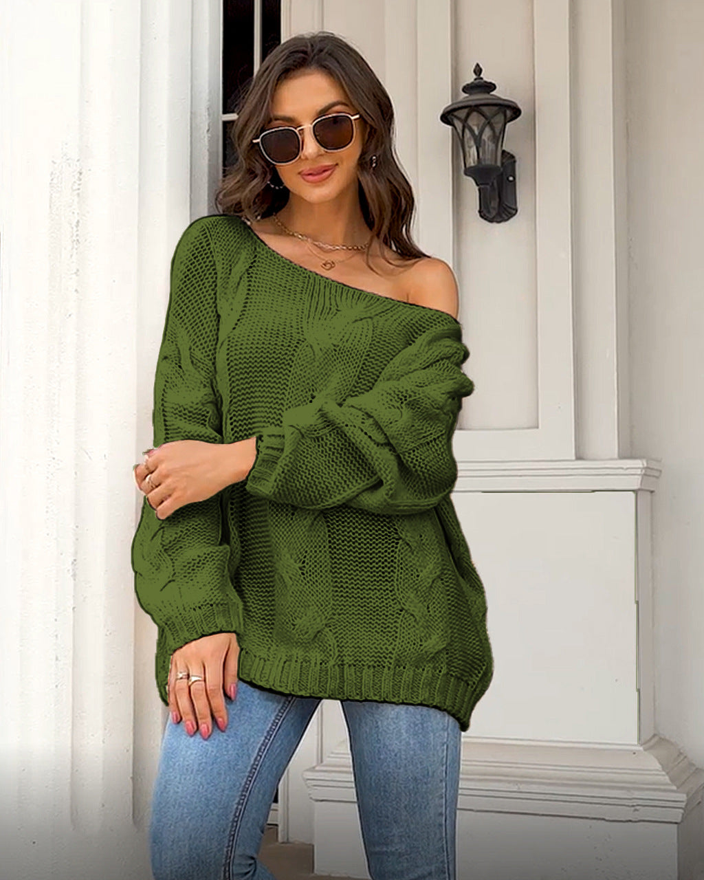 Cable-knit Oversized Sweater - Off-neck Loose-fitting Pullover