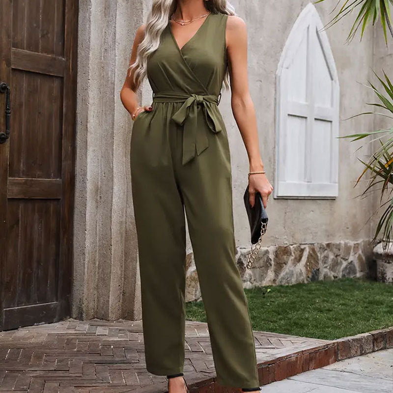 Elegant Sleeveless Jumpsuit with Cross Collar and Waistline Lace-up Design