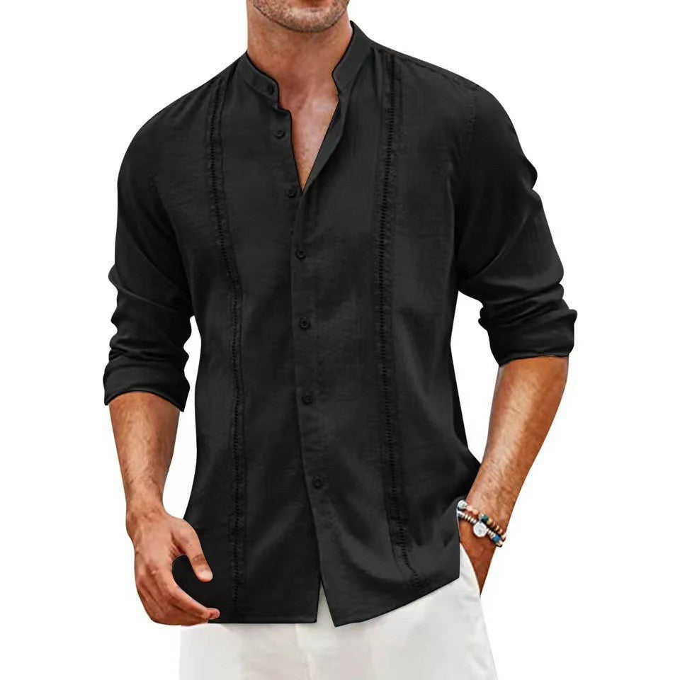Youth Cardigan Shirt Solid Color Casual Long Sleeve Stand Collar