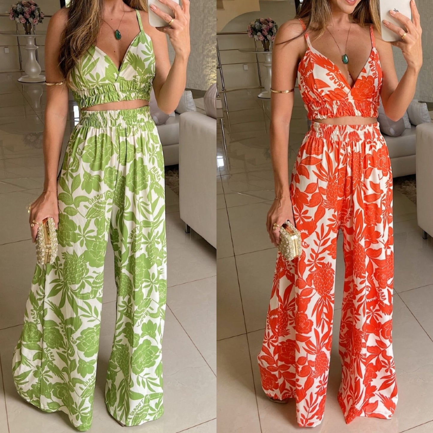 Camisole Floral Print Pants Suit with Chest Pad and Elastic-waist Straight-leg Design