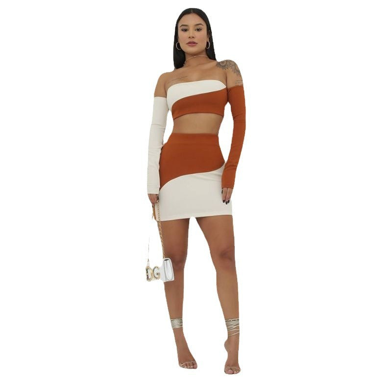 Off-Shoulder Skirt Set Women in Contrast Colors – Sheath Design