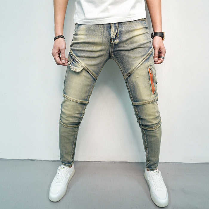 Spring and Summer Men's Skinny Jeans with Elastic Stitching and Zipper Decorations for Stylish Comfort
