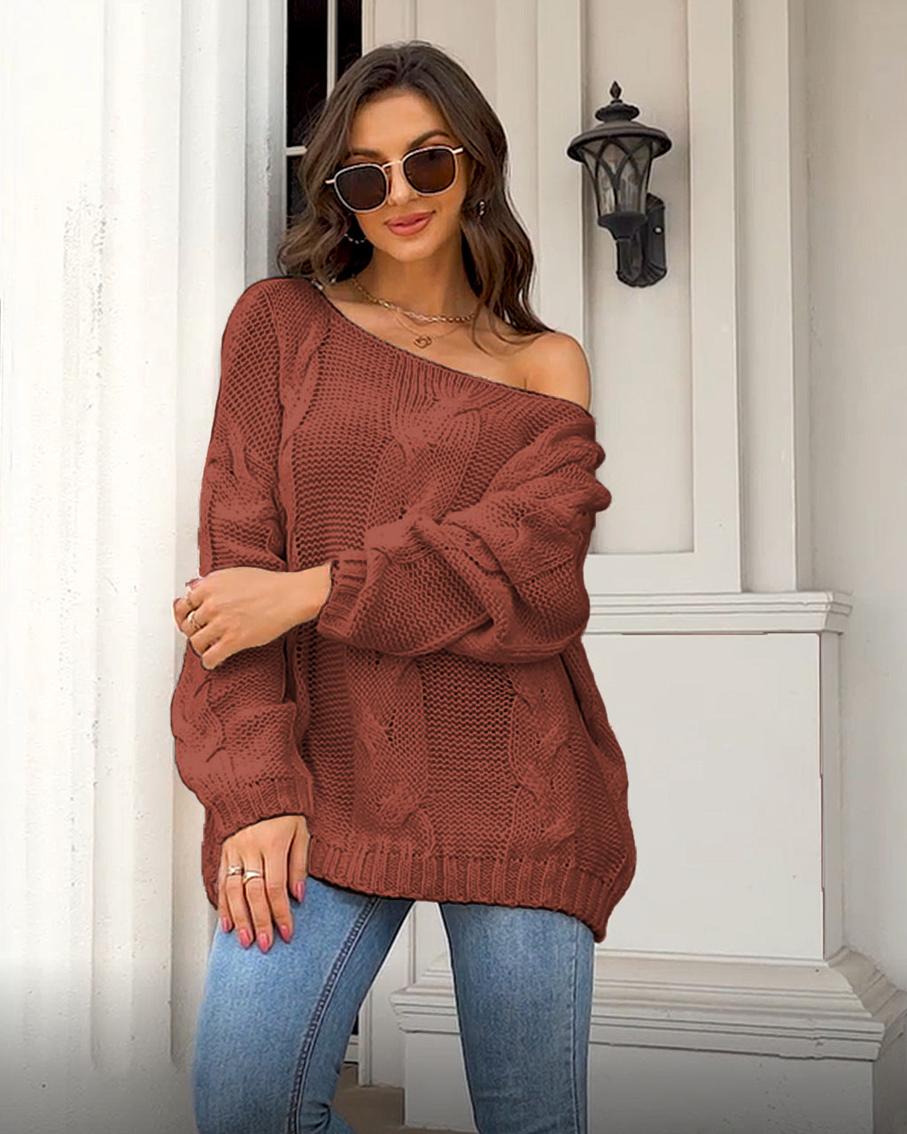 Cable-knit Oversized Sweater - Off-neck Loose-fitting Pullover