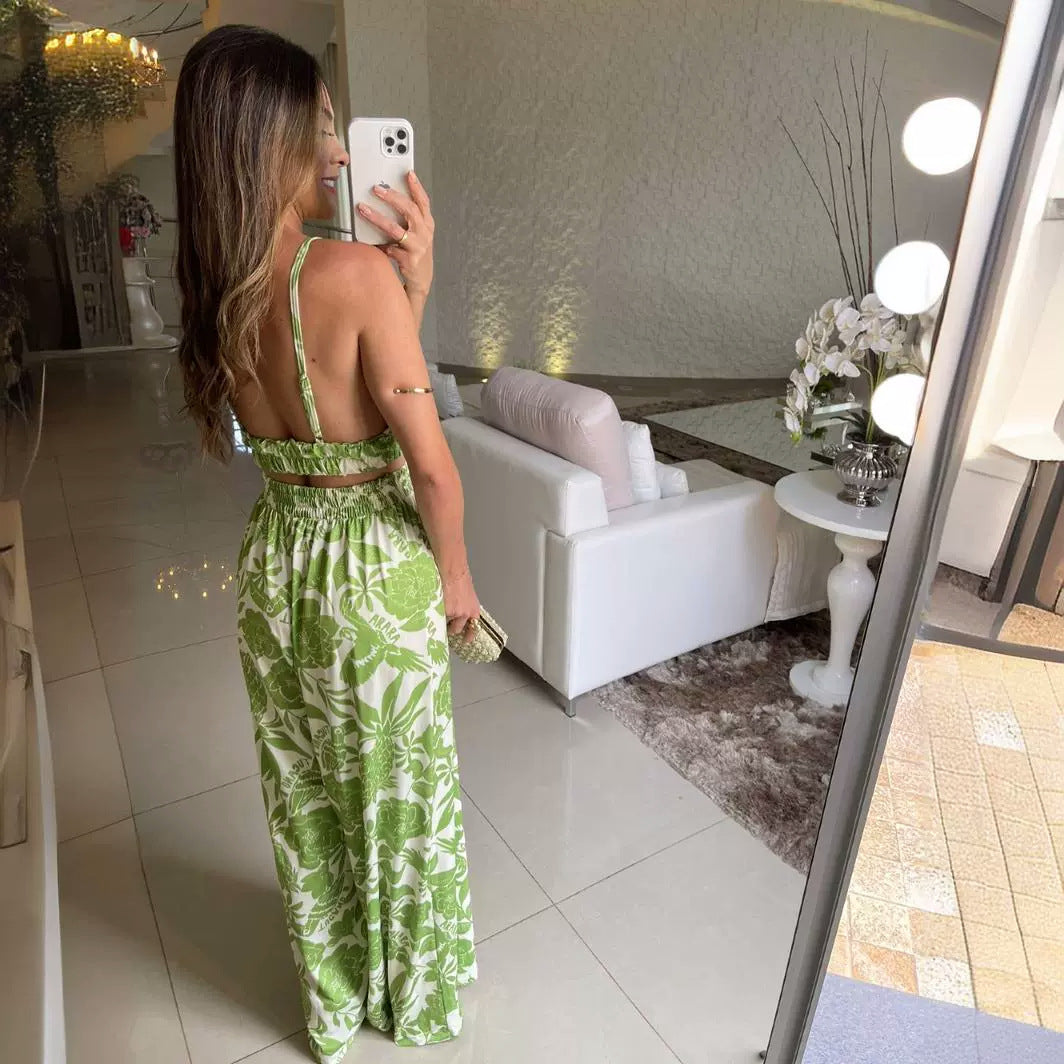 Camisole Floral Print Pants Suit with Chest Pad and Elastic-waist Straight-leg Design