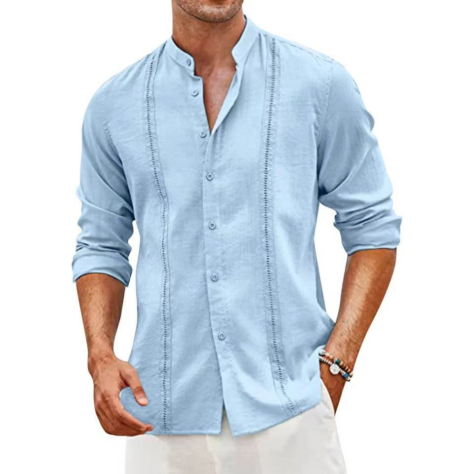 Youth Cardigan Shirt Solid Color Casual Long Sleeve Stand Collar