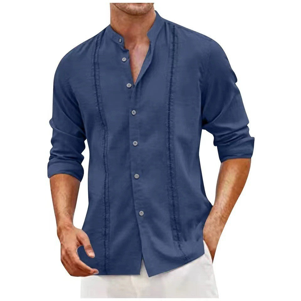 Youth Cardigan Shirt Solid Color Casual Long Sleeve Stand Collar