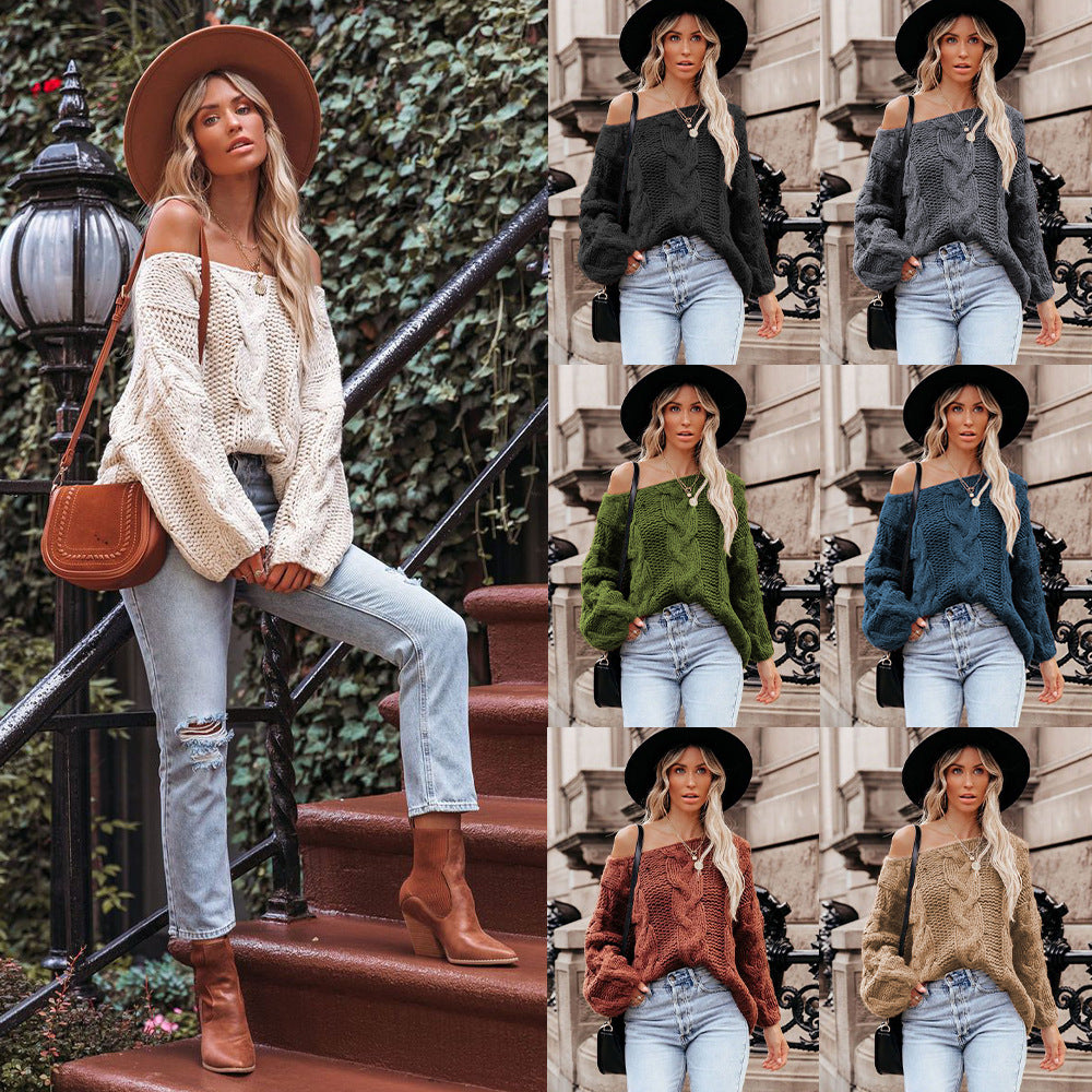 Cable-knit Oversized Sweater - Off-neck Loose-fitting Pullover