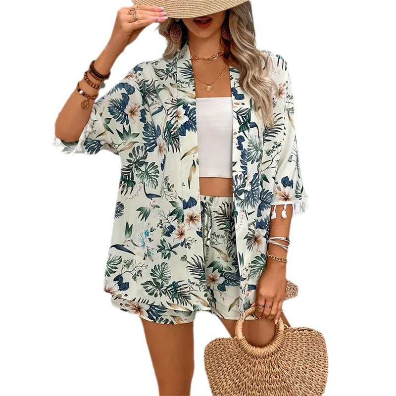 Shirt Printed Beach Pants Suit with Tassel Short Two-piece Set - Trendy Summer Fashion