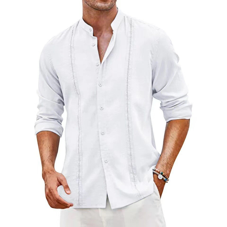 Youth Cardigan Shirt Solid Color Casual Long Sleeve Stand Collar
