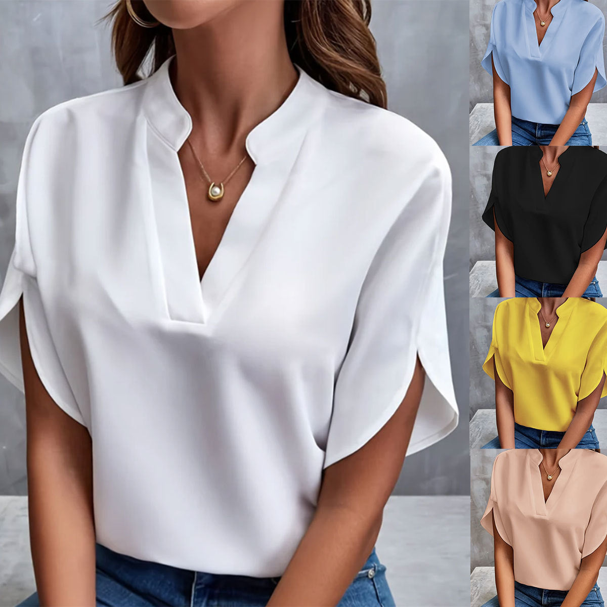 Summer New V-neck Casual Shirt for Women – Pure Color Short-Sleeved Versatile Top