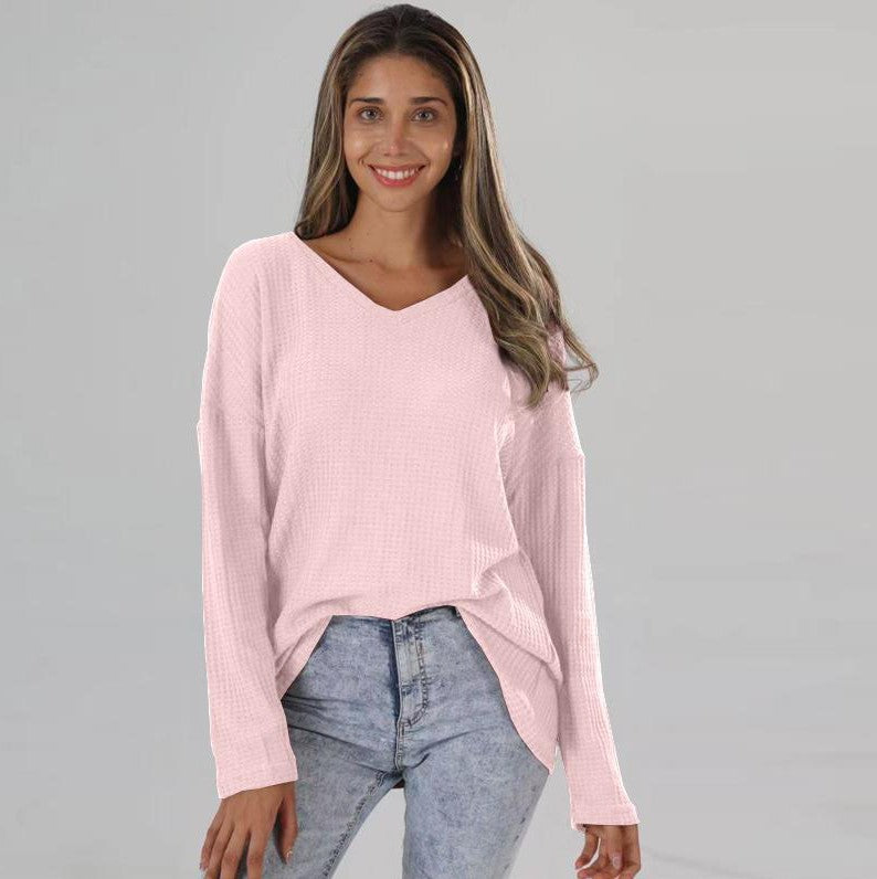 Plus Size V-neck Knitted Shirt for Women - Loose Fit Street Style
