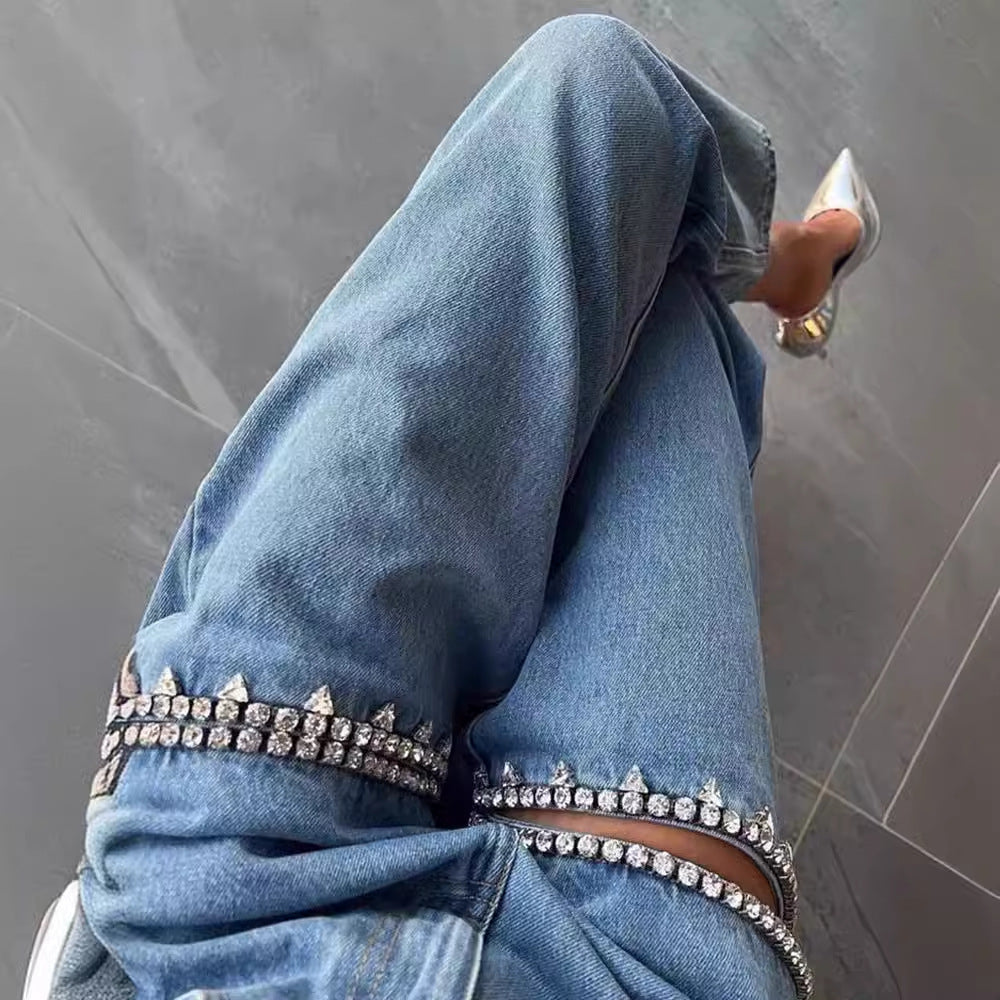 Blue Women's Jeans with Holes - Straight Fit Style