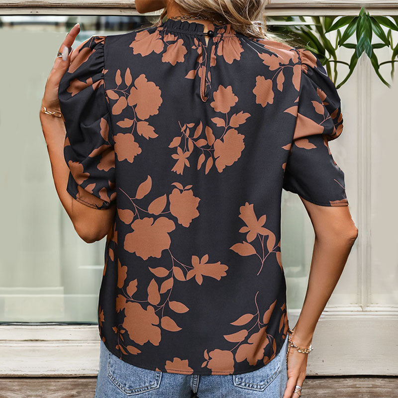 Women's Elegant Printed Shirt with Round Neck and Horse-hoof Sleeves