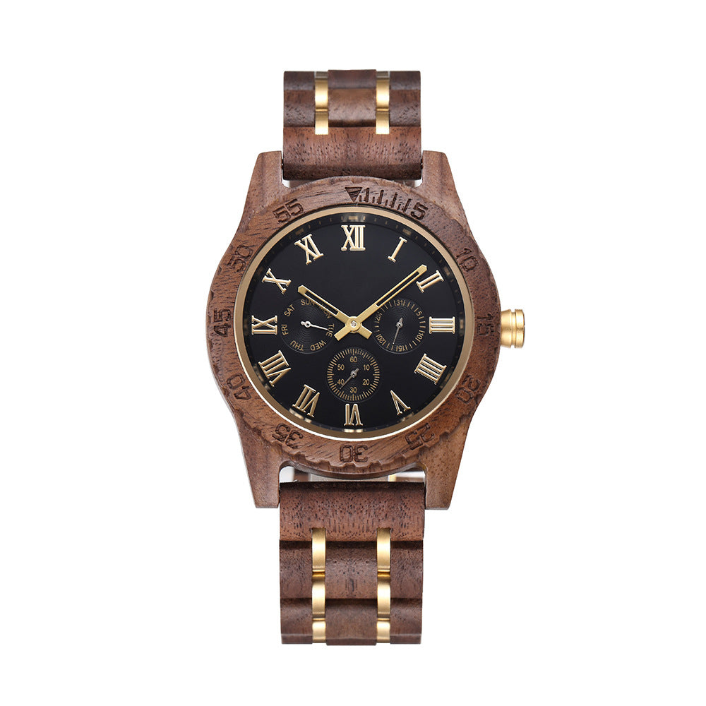 Retro Men's Quartz Watch - Walnut Gold Multi-functional Design