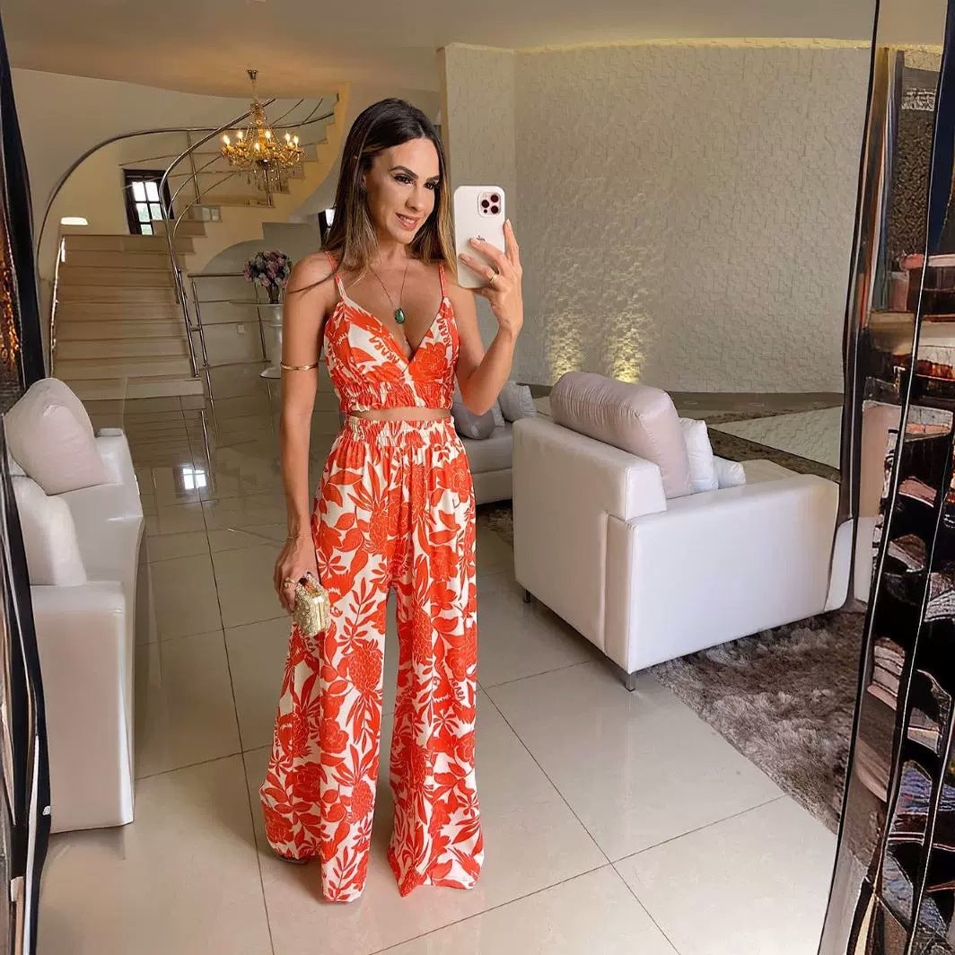 Camisole Floral Print Pants Suit with Chest Pad and Elastic-waist Straight-leg Design
