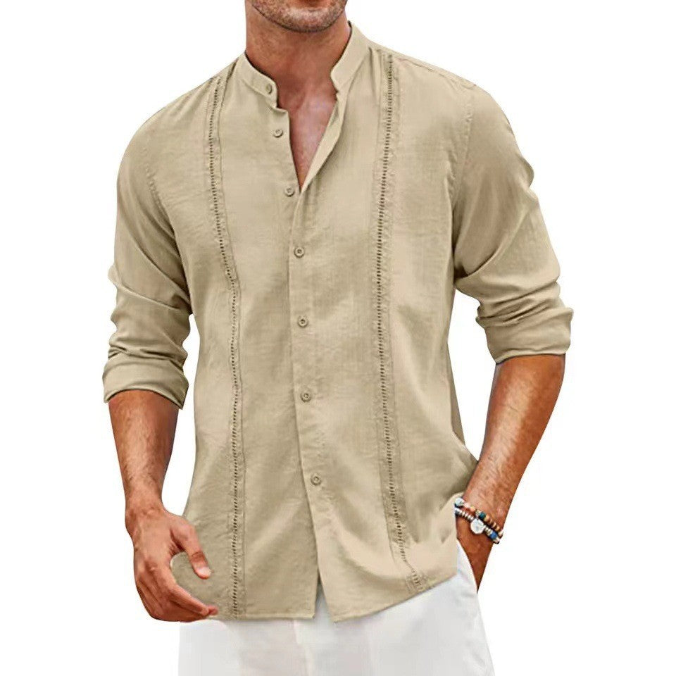 Youth Cardigan Shirt Solid Color Casual Long Sleeve Stand Collar