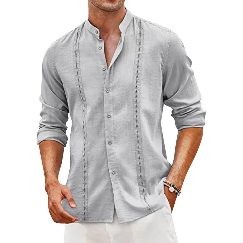 Youth Cardigan Shirt Solid Color Casual Long Sleeve Stand Collar