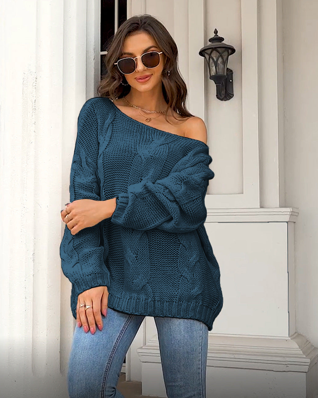 Cable-knit Oversized Sweater - Off-neck Loose-fitting Pullover