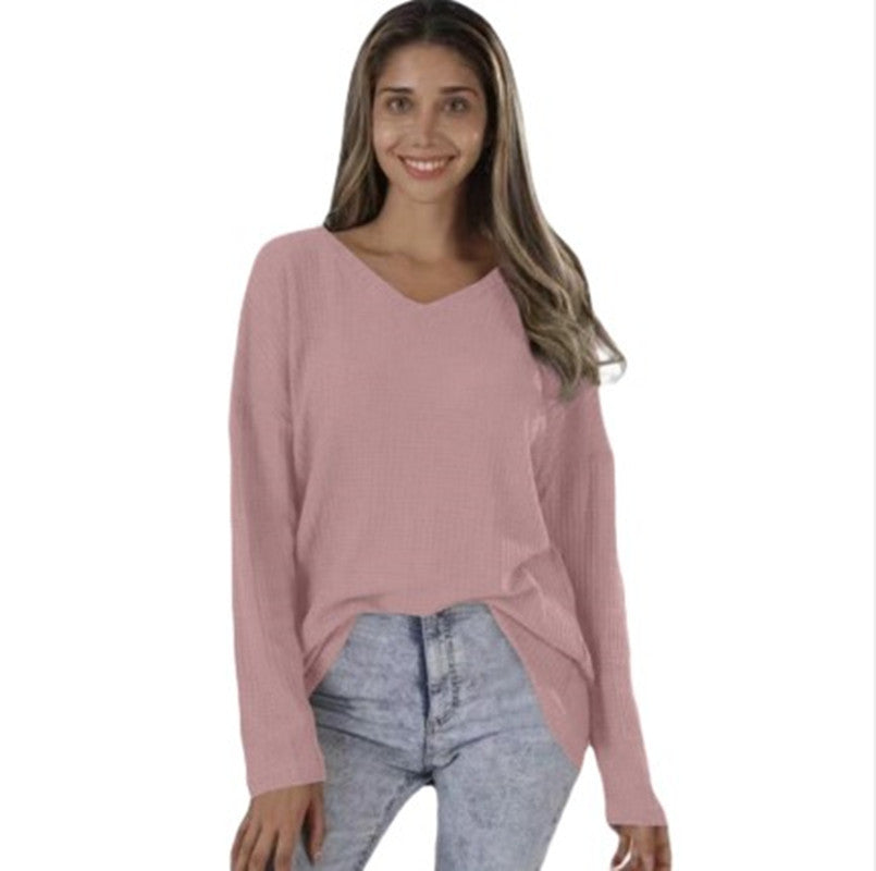 Plus Size V-neck Knitted Shirt for Women - Loose Fit Street Style