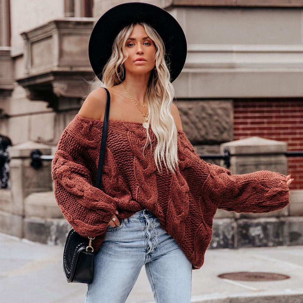 Cable-knit Oversized Sweater - Off-neck Loose-fitting Pullover