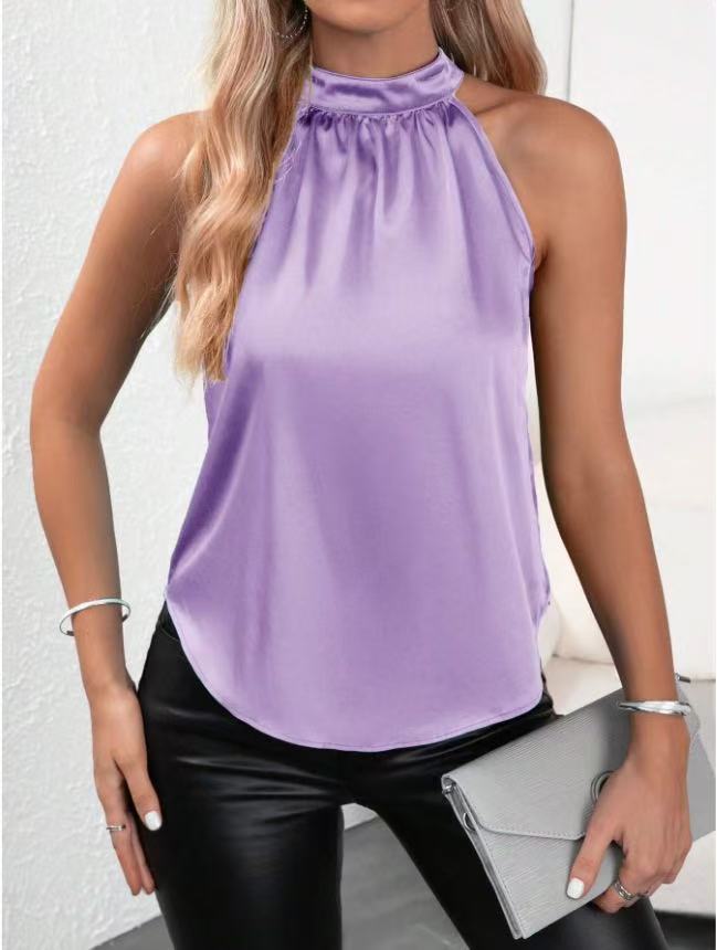 Satin Off-Shoulder Vest Women's Solid Color Halter Sleeveless Top