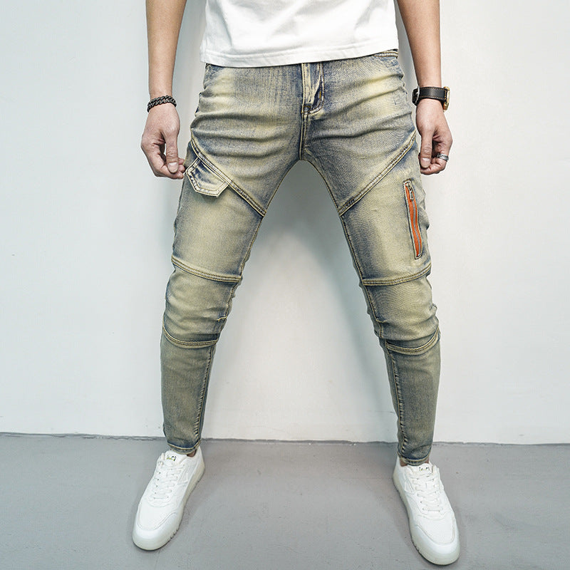 Spring and Summer Men's Skinny Jeans with Elastic Stitching and Zipper Decorations for Stylish Comfort