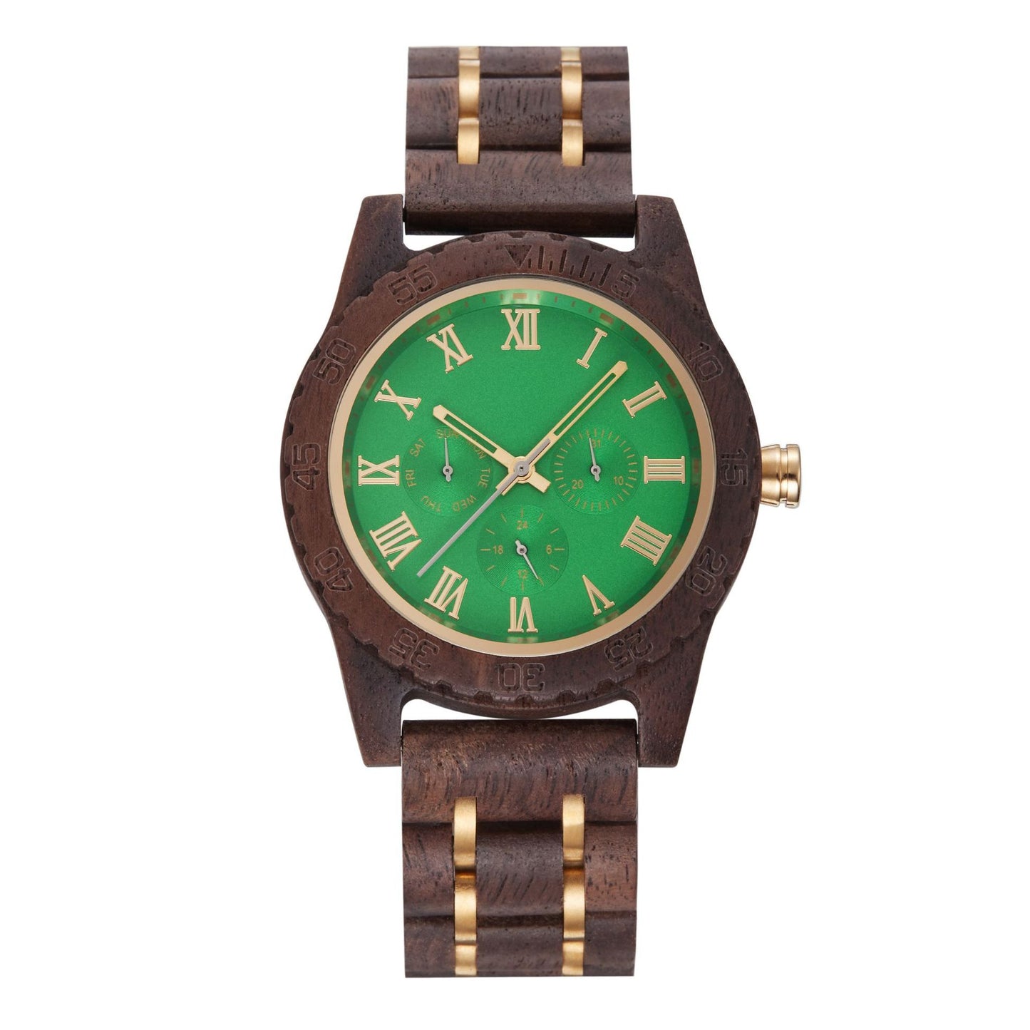 Retro Men's Quartz Watch - Walnut Gold Multi-functional Design