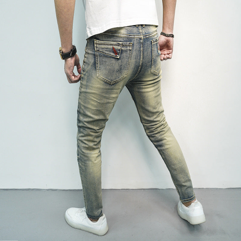 Spring and Summer Men's Skinny Jeans with Elastic Stitching and Zipper Decorations for Stylish Comfort