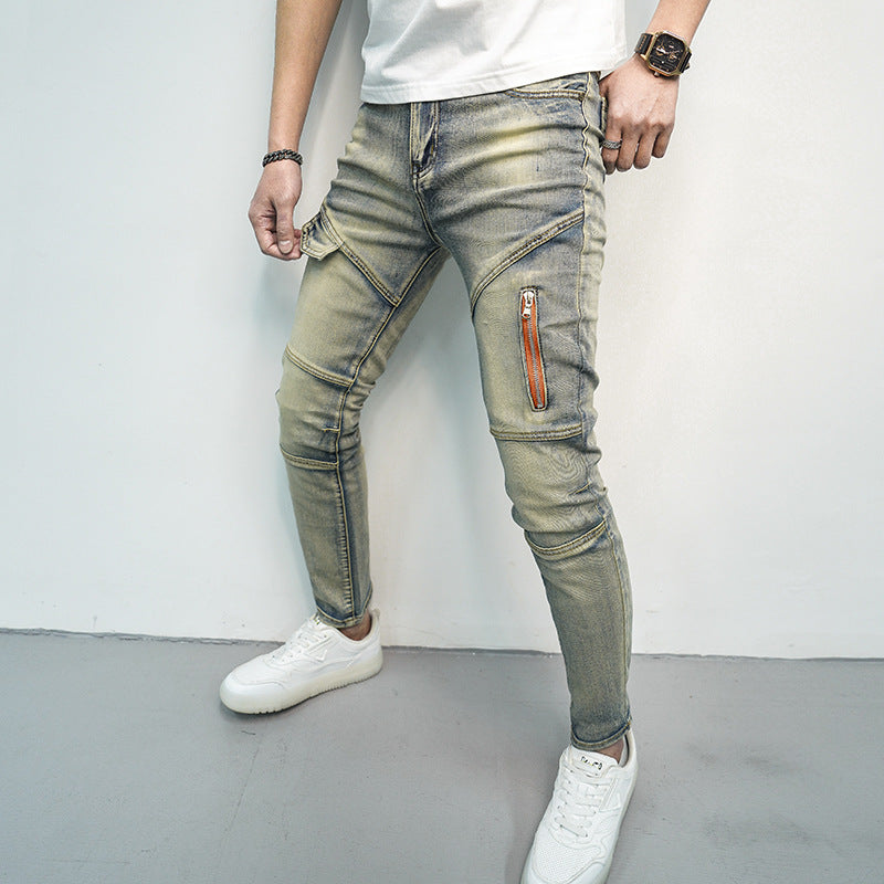 Spring and Summer Men's Skinny Jeans with Elastic Stitching and Zipper Decorations for Stylish Comfort