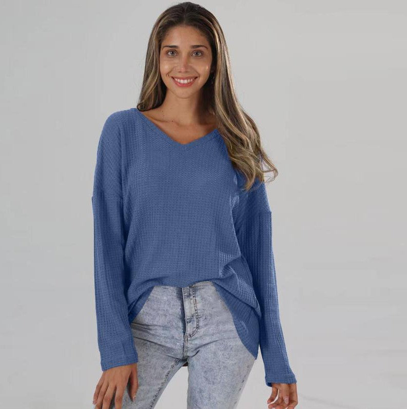 Plus Size V-neck Knitted Shirt for Women - Loose Fit Street Style