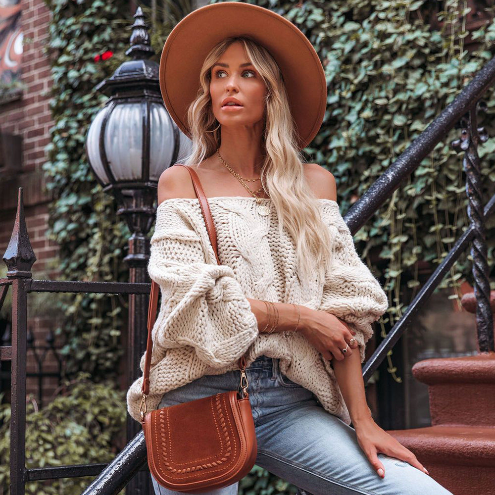 Cable-knit Oversized Sweater - Off-neck Loose-fitting Pullover