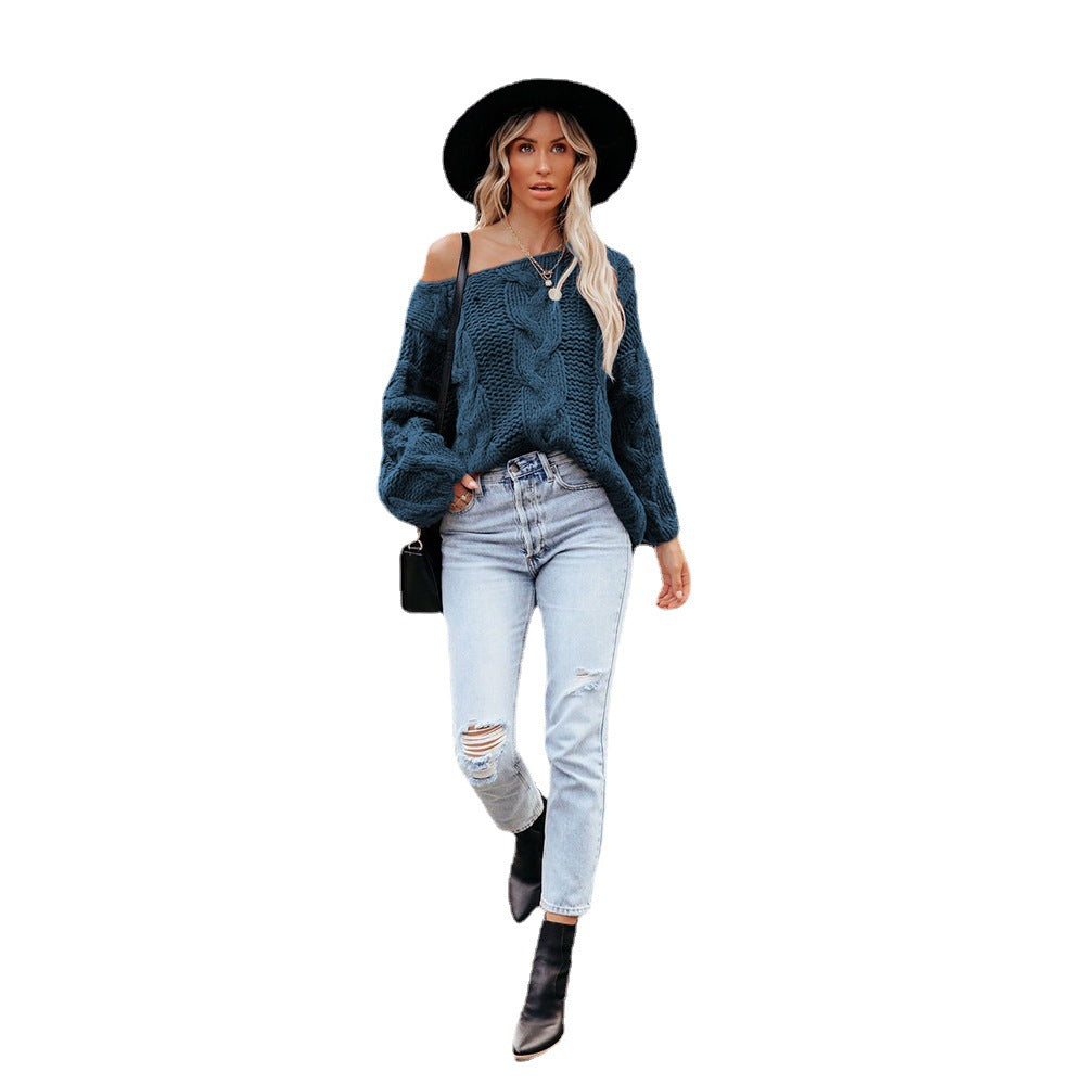 Cable-knit Oversized Sweater - Off-neck Loose-fitting Pullover