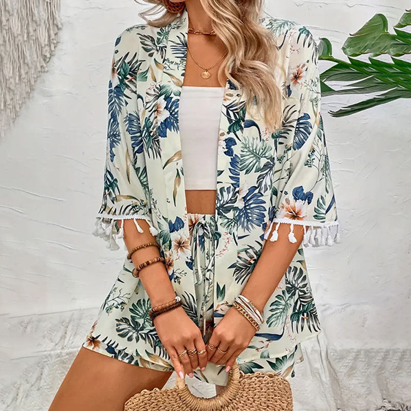 Shirt Printed Beach Pants Suit with Tassel Short Two-piece Set - Trendy Summer Fashion