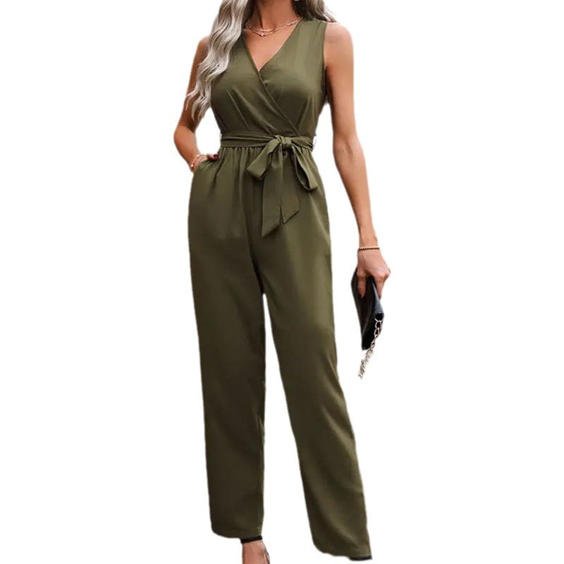 Elegant Sleeveless Jumpsuit with Cross Collar and Waistline Lace-up Design
