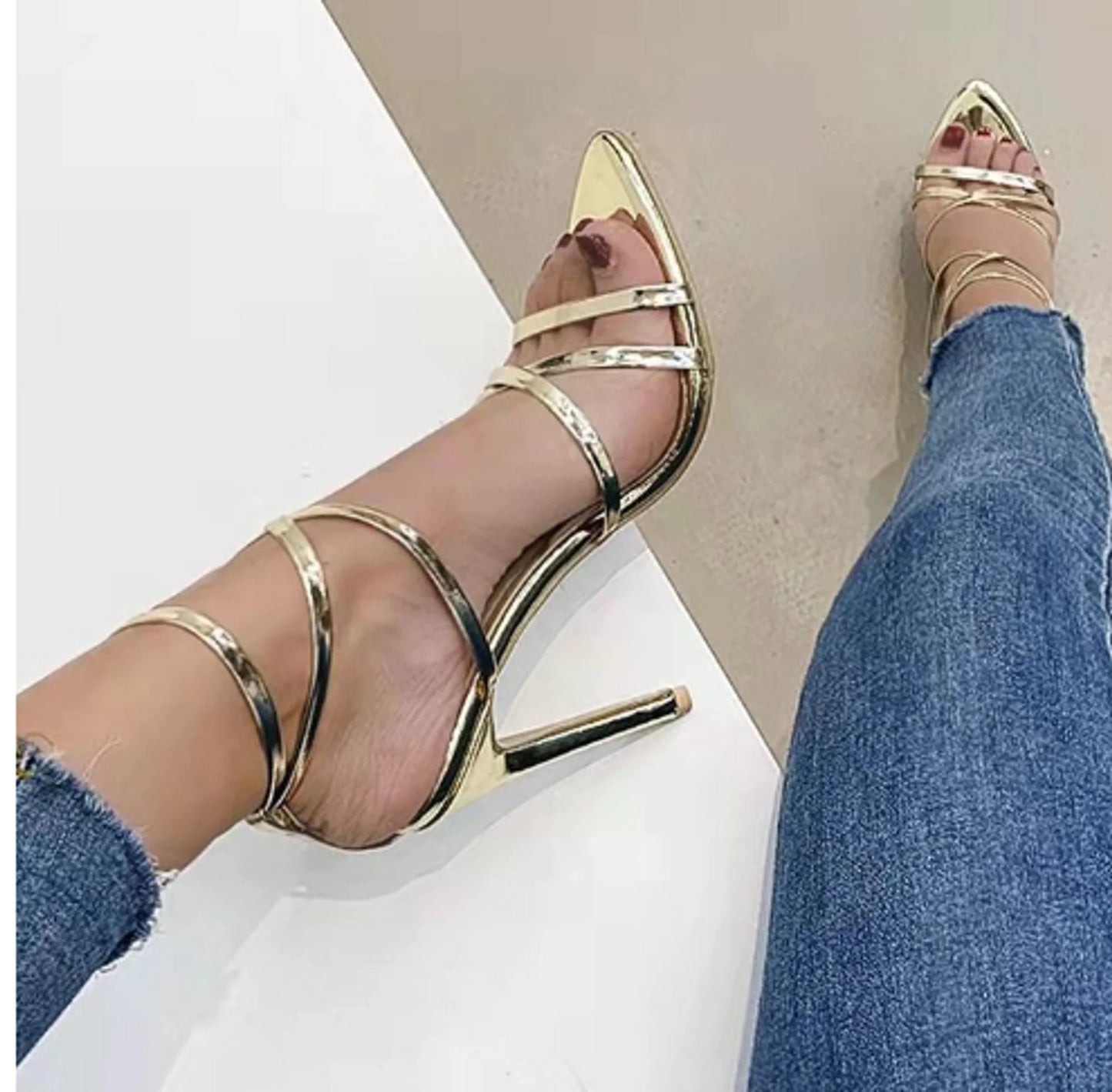 Women's Gold Stiletto Heels with Cross Strap Pointed Toe