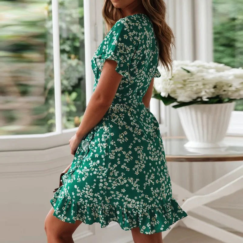Aachoae Floral Mini Dress for Women - Summer V-Neck Floral Print Mini Dress