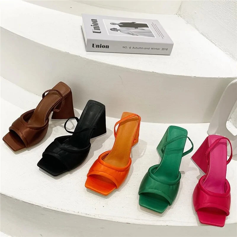 Summer Silk Block Heels - Slides Mules with Thick Heels