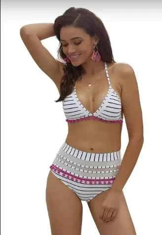 Blue White Striped Bikini with Pom Poms