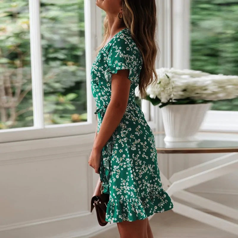 Aachoae Floral Mini Dress for Women - Summer V-Neck Floral Print Mini Dress