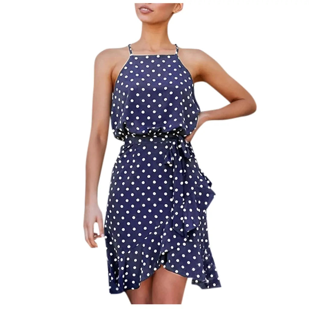 Summer Polka Dot Mini Dress with Ruffle Split Design #D3