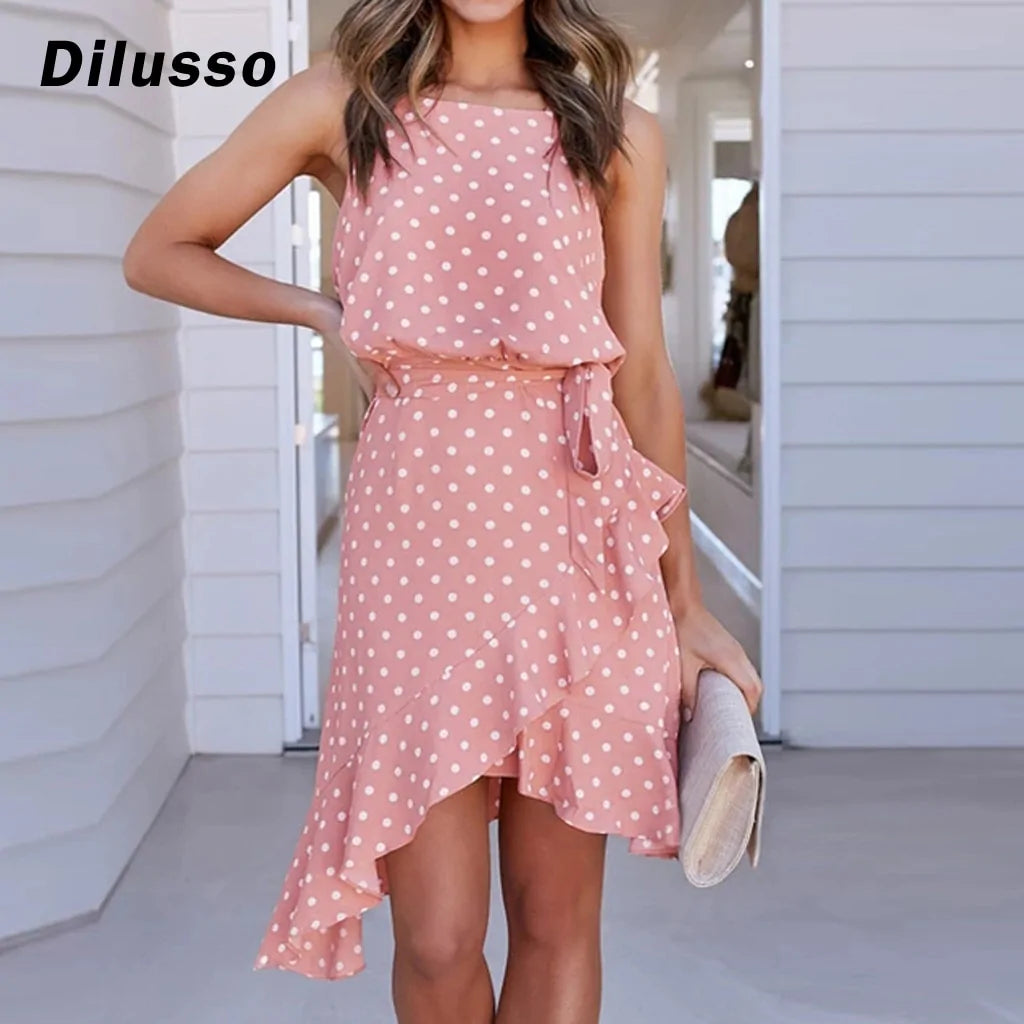Summer Polka Dot Mini Dress with Ruffle Split Design #D3