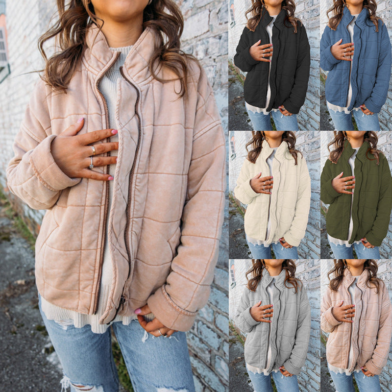 Stand Collar Cotton Jacket - Loose Long Sleeve Coat