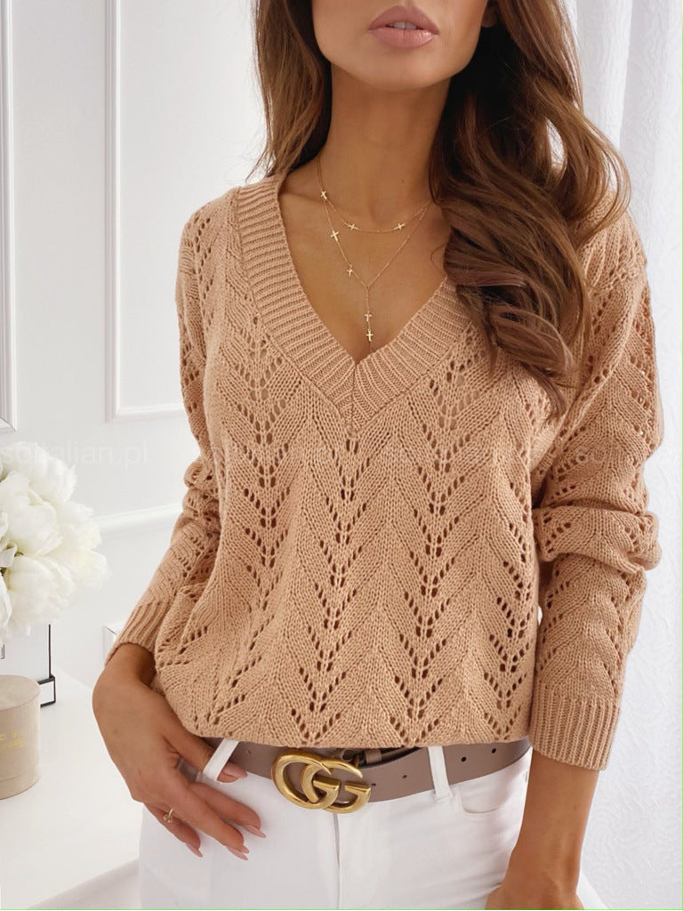 Solid Color Mocha V-neck Knit Sweater with Hollow Out Design