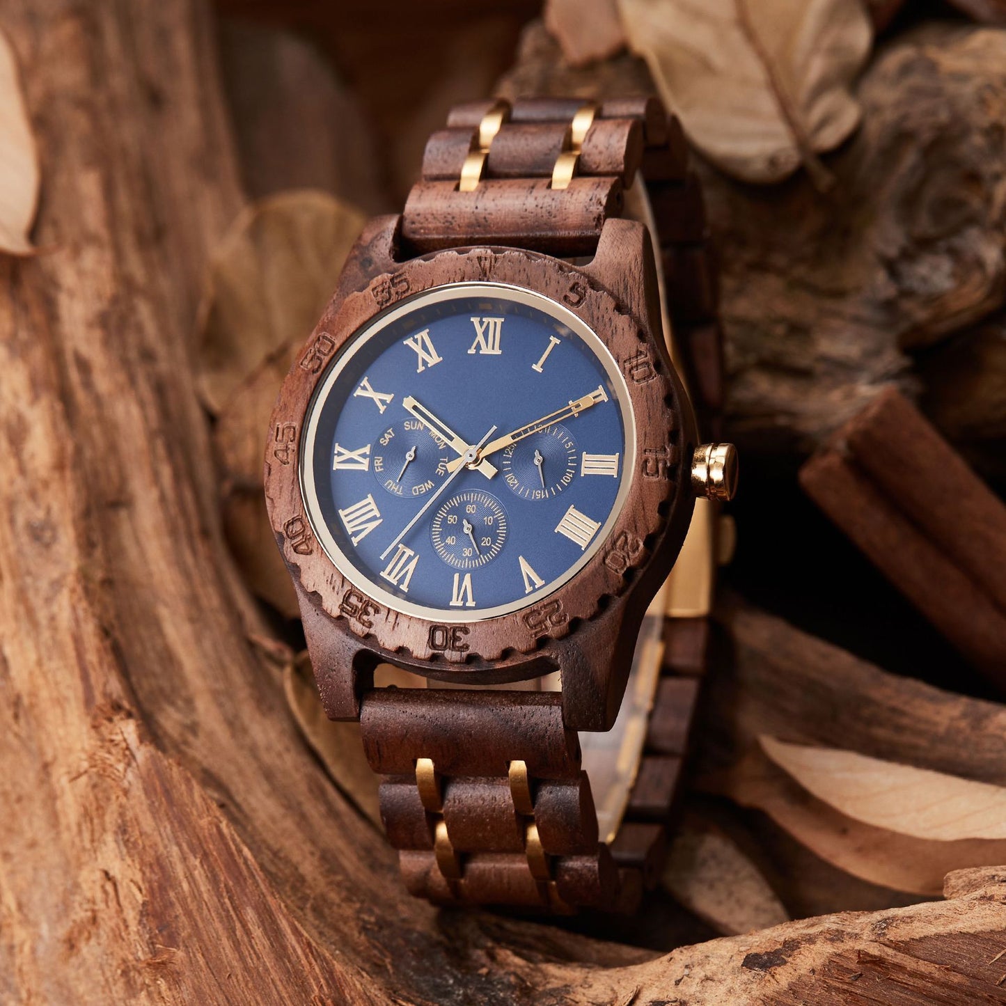 Retro Men's Quartz Watch - Walnut Gold Multi-functional Design