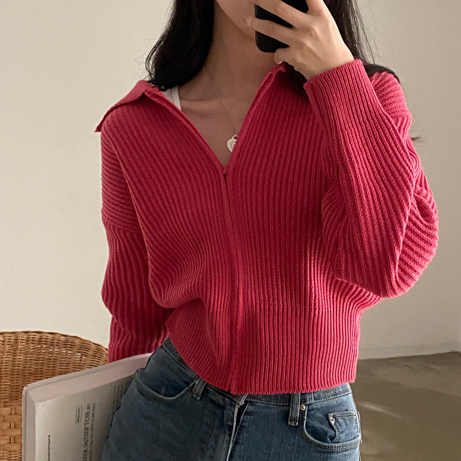 Lapel Zipper Sweater Coat for Casual Versatile Style