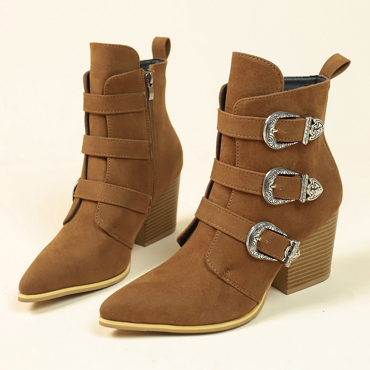 Chunky Heel Pointed Toe Boots for Women - Retro Mid-calf Fashion Boot with Belt Buckle Design for Fall Winter
